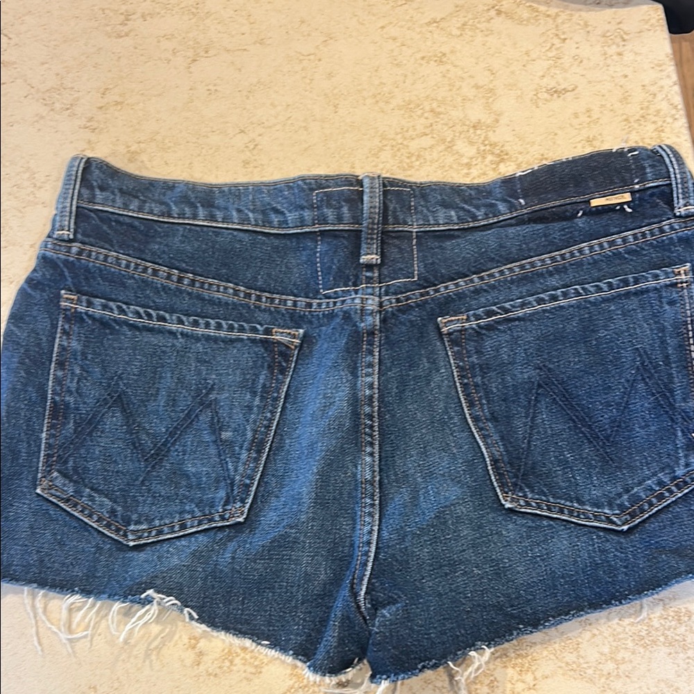 MOTHER Dark Blue Denim Jean Shorts with Frayed Hem - Picture 3 of 4